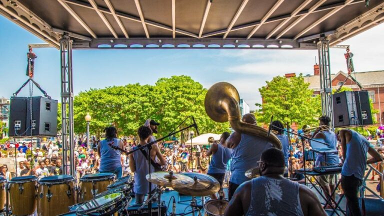 Professional sound system and stage provided for an outdoor music festival in washington DC call the Funk Parade.