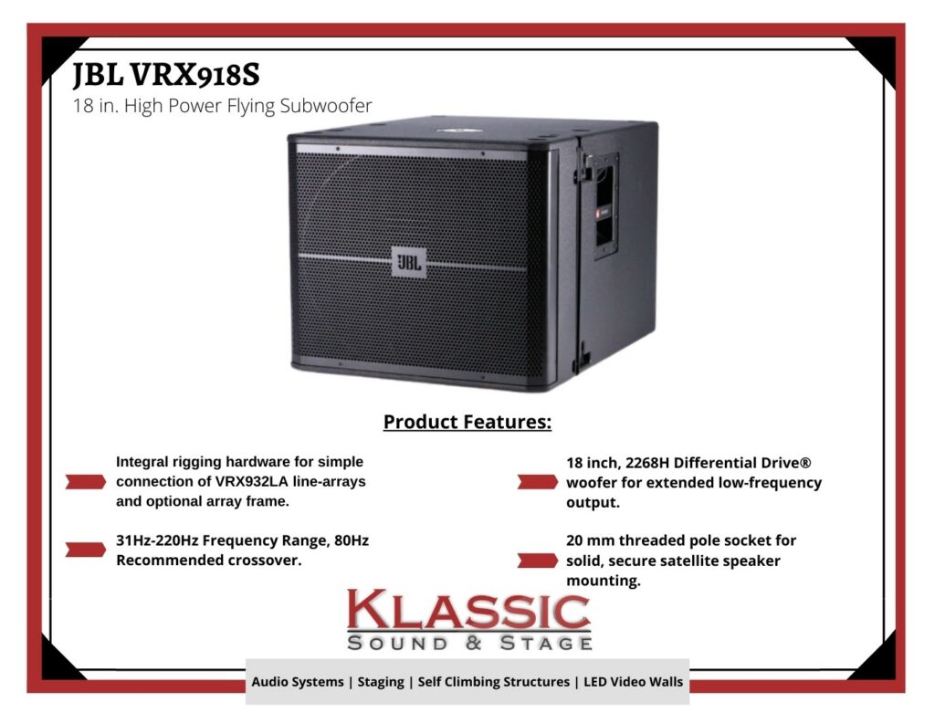 Audio visual equipment installation company features a jbl vrx subwoofer