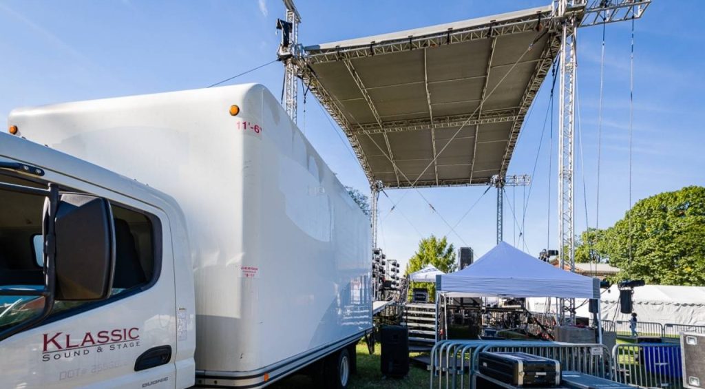 Klassic Sound & Stage unloads staging equipment at Howard University.